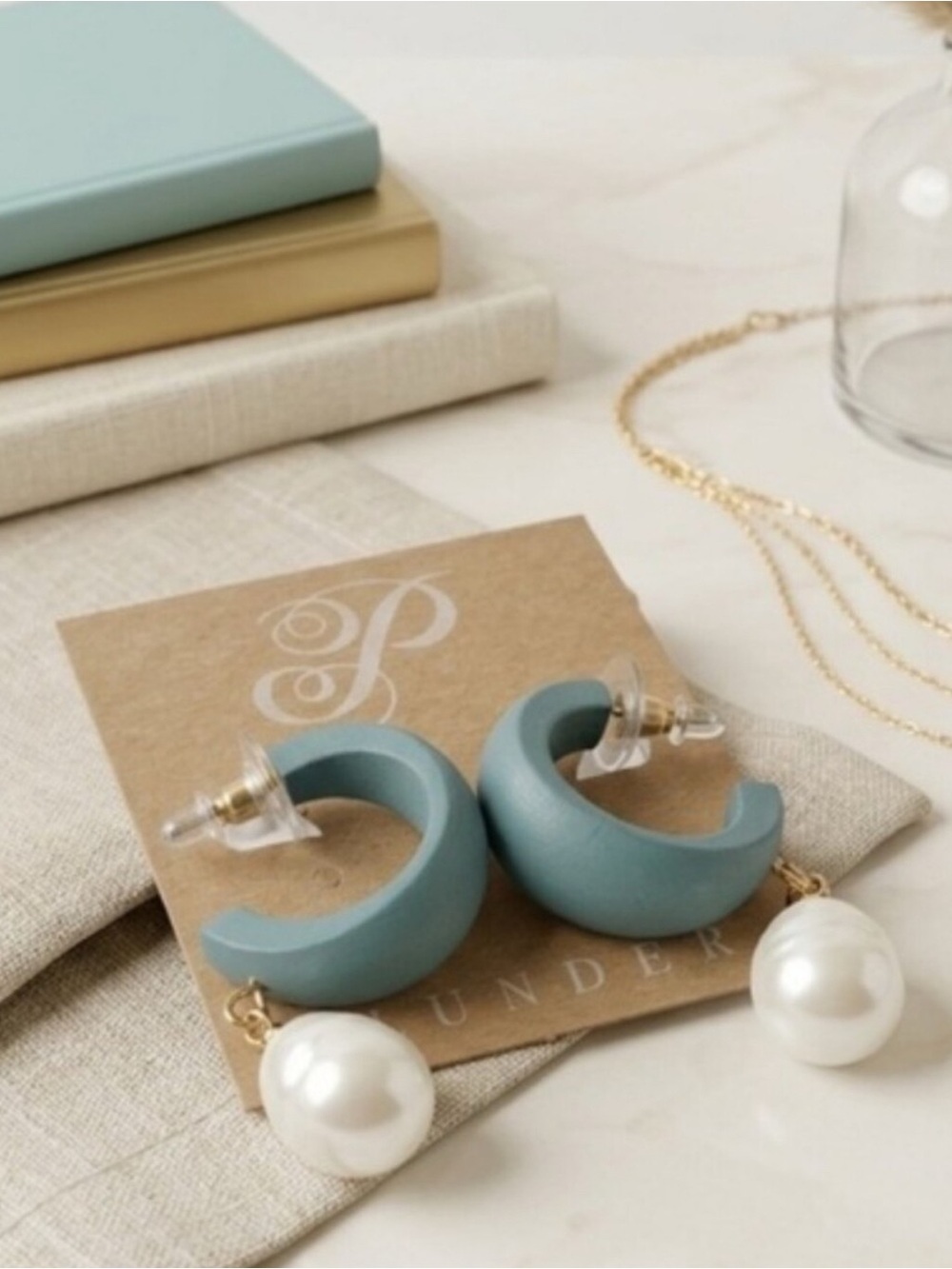 Plunder Design Althea Teal Wood Dangling Faux Pearl Drop Hoop